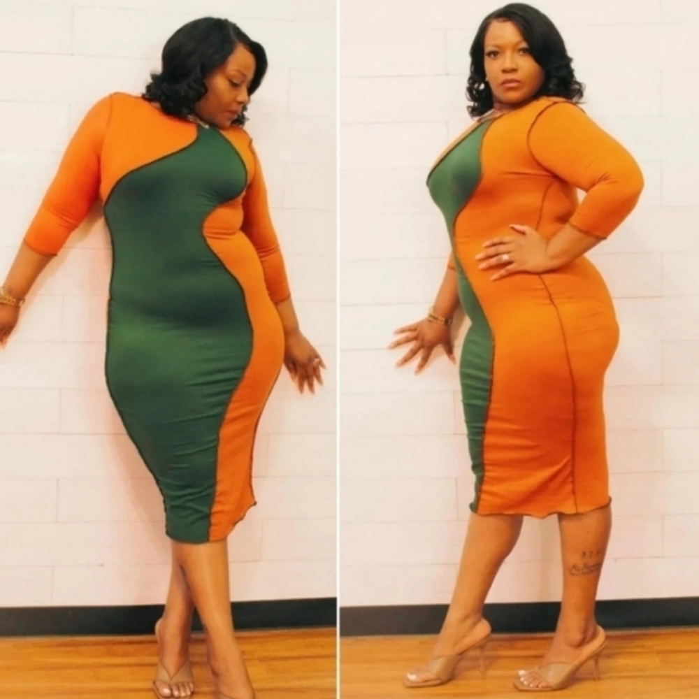 Orange And Green Patchwork Midi Length Dress - image 3